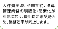 人件費削減、時間節約、決算管理業務の明確化・簡素化が可能になり、費用対効果が見込め、業務効率が向上します。